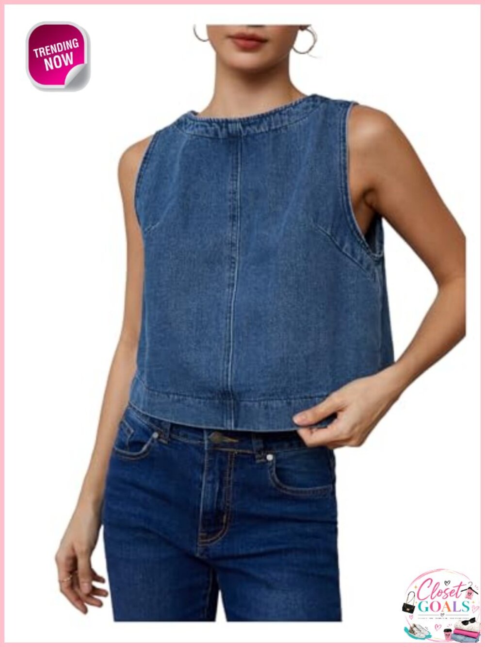 Sleeveless Denim Tank Top Round Neck Zipper Back Loose Fit